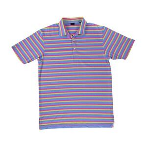 Dunning Golf Mens Large Polo Shirt Blue Pink Yellow Striped Short Sleeve Stretch